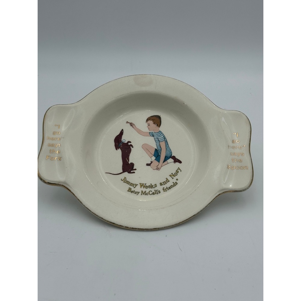 Vintage Homer Laughlin Jimmy Weeks Nosy Betsy McCall Child Plate Bowl Cream Gold